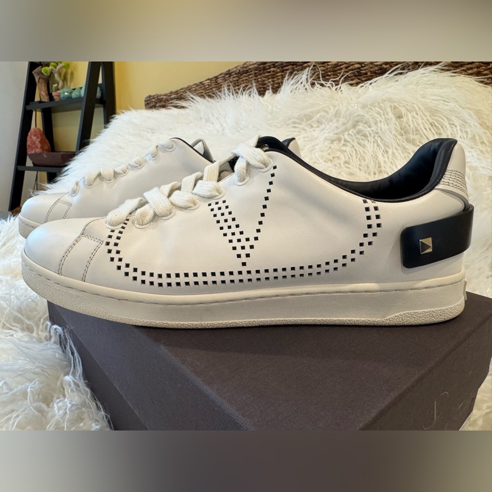 Valentino Garavani Men's Perforated V Logo Rockstud Accents Calfskin Sneakers